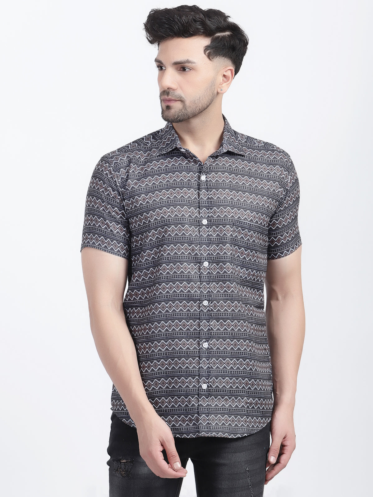 Louis Monarch Men Regular Fit Brown Printed Spread Collar Casual Half Shirt